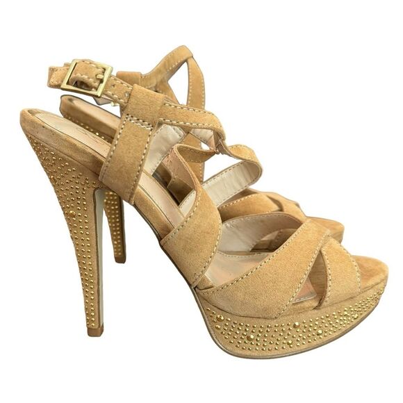 Scene Zarita Sandals Size 7 Tan Soft Suede Studded High Heel​ - Picture 1 of 13